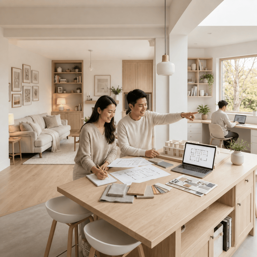 Two designers reviewing floor plans and material samples at a kitchen island